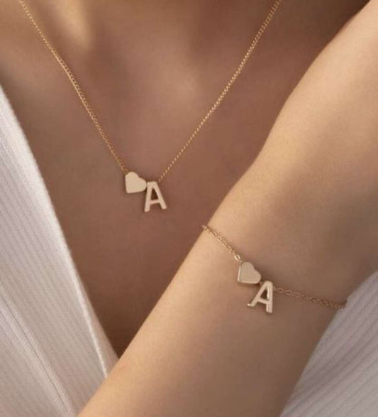 Serenity Heart Initial Necklace and bracelet for Women 14K Gold Plated